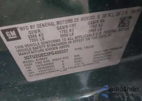 2015 GMC Sierra 1500 Sle из США, поврежденный, VIN 3GTU2UEC3FG499337